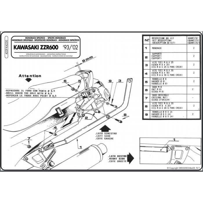 KAPPA stiprinājums KAWASAKI ZZR 600 (93 > 01)